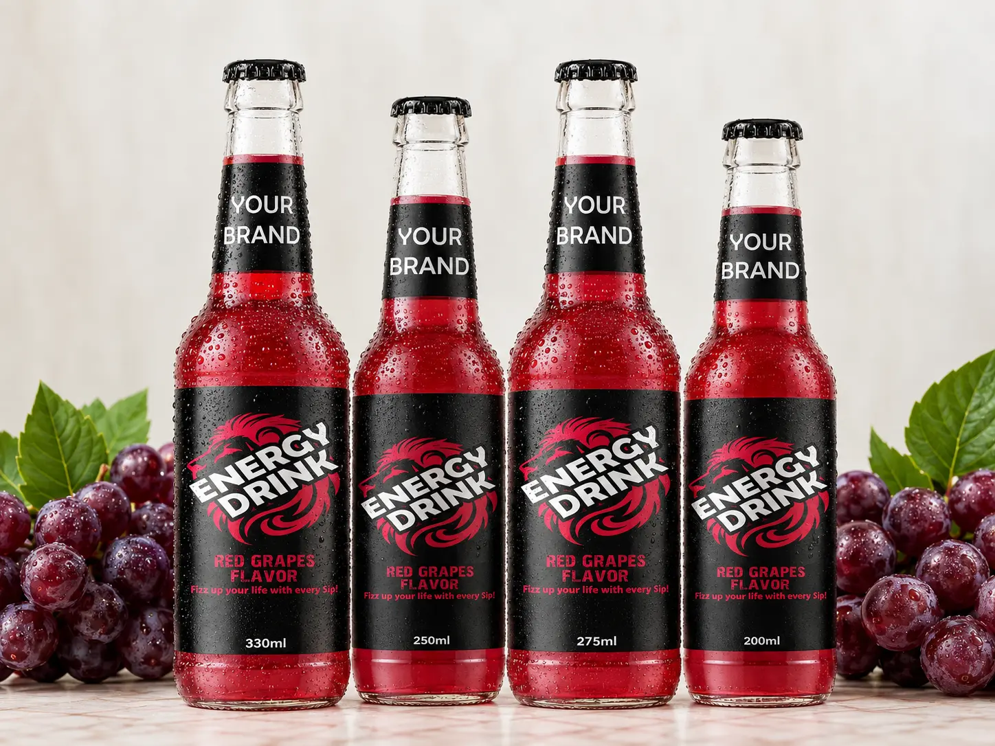 ENERGY DRINK Red Grapes Flavor 330ml, 250ml, 275ml and 200ml glass bottles